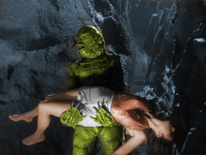 creaturecolorizedcarryinggirl.jpg, warren f disbrow, warren disbrow, invasion for flesh and blood, creature from the black lagoon, flesh eaters from outer space, ben chapman, scarlet moon, dark beginnings, haunted hay ride the movie, classic horror
