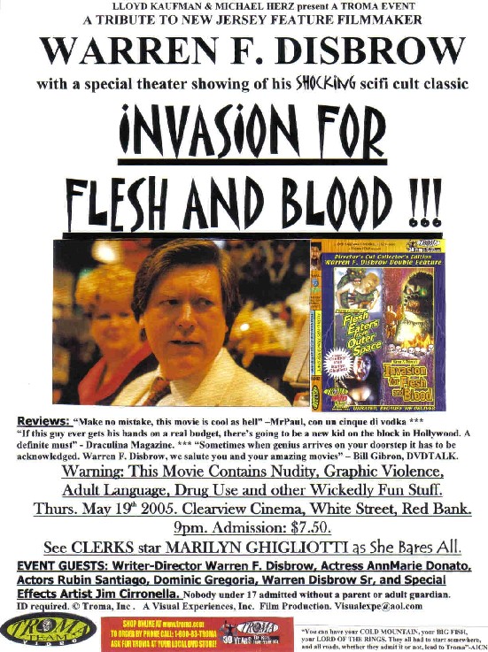 fliermay19lowq222.jpg, warren f disbrow, warren disbrow, haunting of holly house, invasion for flesh and blood, flesh eaters from outer space, dark beginnings, asbury park press, the rag, genius , auteur, horror, sci fi, amazing movies, new jersey, new jersey filmmaker, new jersey feature filmmaker, independent cinema, DVD, CD, screenings 